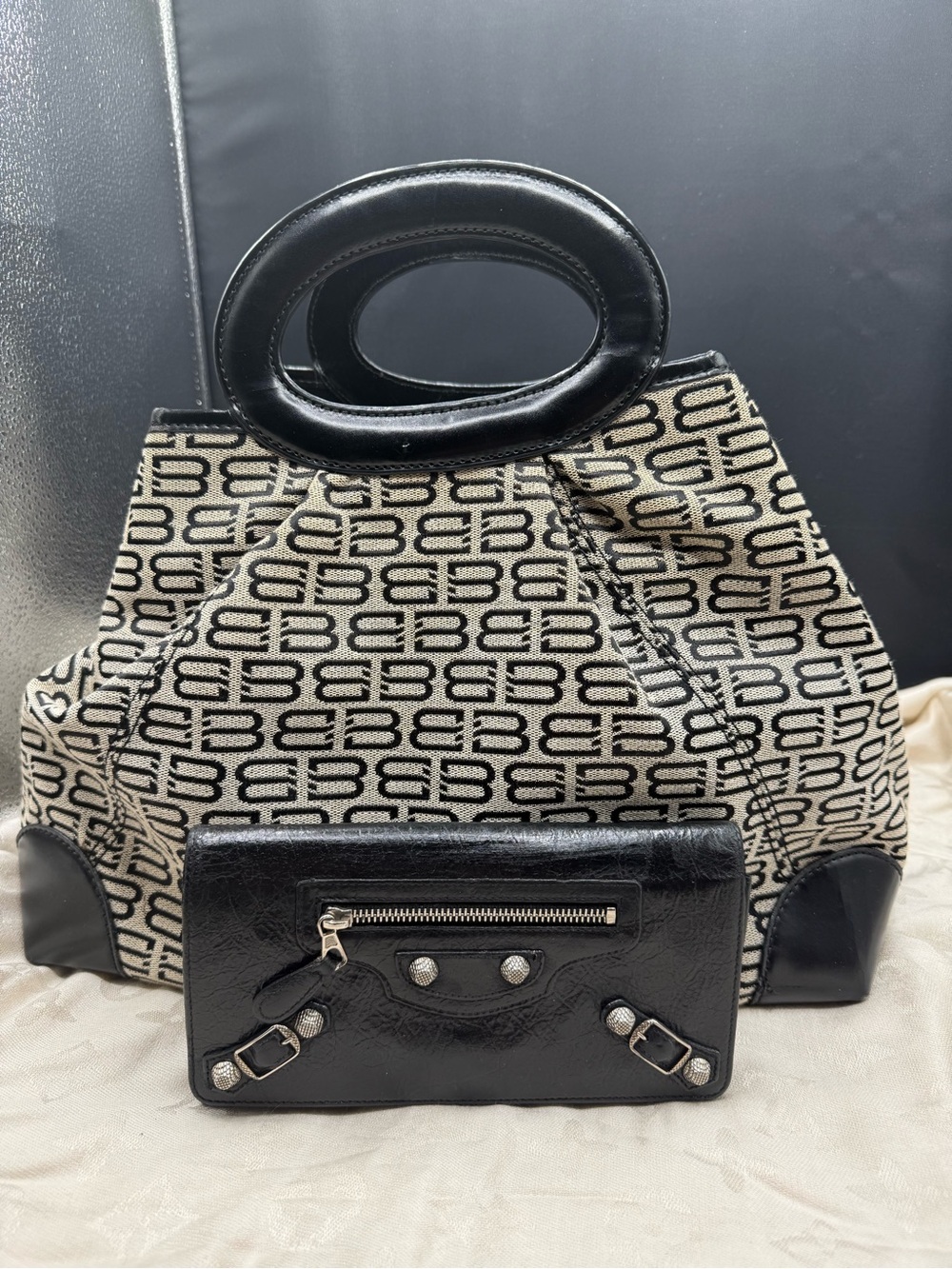 Balenciaga Vintage Black & Cream Monogram Tote Bag with Black Leather Trim